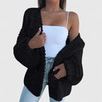 Women's Chunky Knit Cardigan with Open Front and Relaxed Fit - Black