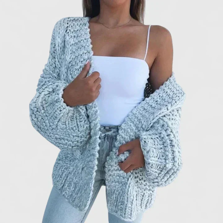Women's Chunky Knit Cardigan with Open Front and Relaxed Fit - Sky Blue