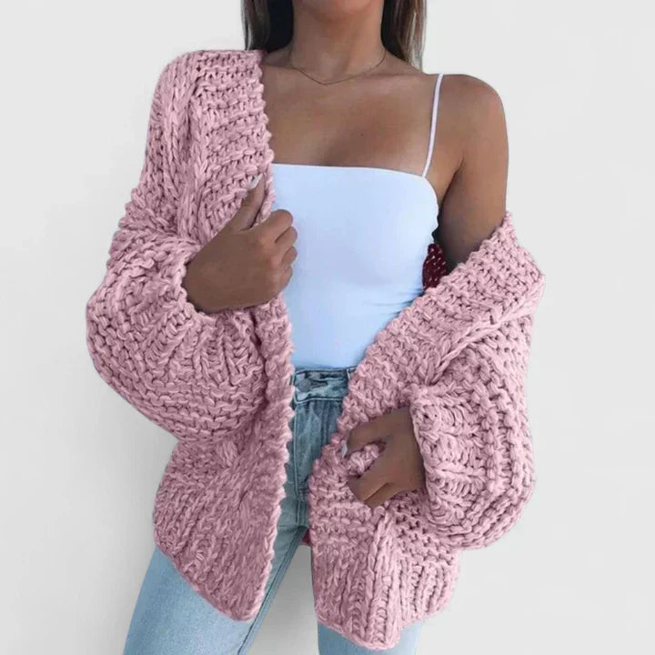 Women's Chunky Knit Cardigan with Open Front and Relaxed Fit - Pink
