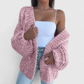 Women's Chunky Knit Cardigan with Open Front and Relaxed Fit - Pink