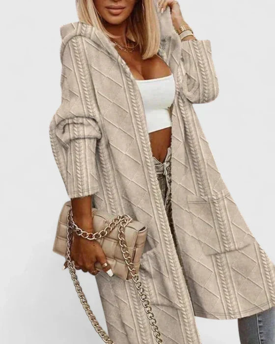 Women's Longline Hooded Cardigan with Cable Knit Texture - Beige