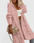 Women's Longline Hooded Cardigan with Cable Knit Texture - Pink