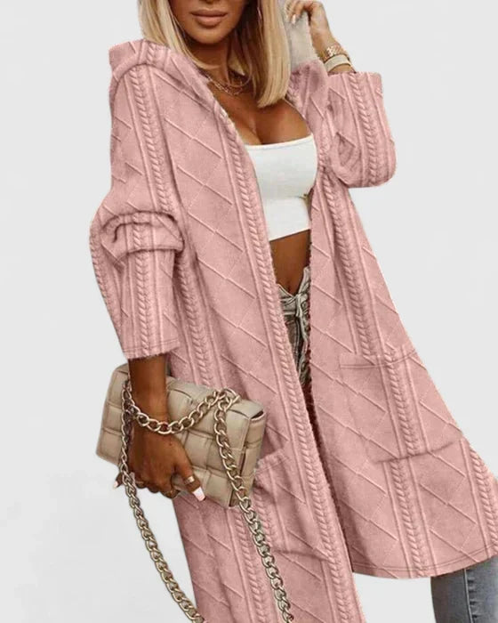 Women's Longline Hooded Cardigan with Cable Knit Texture - Pink