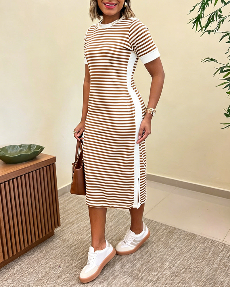 Women's Striped Midi T-Shirt Dress with Side Slit and Pockets - 14