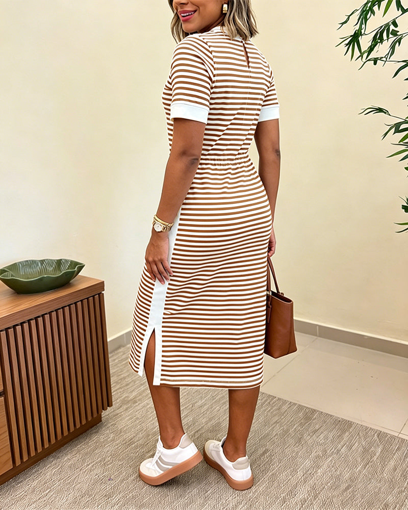 Women's Striped Midi T-Shirt Dress with Side Slit and Pockets - 13