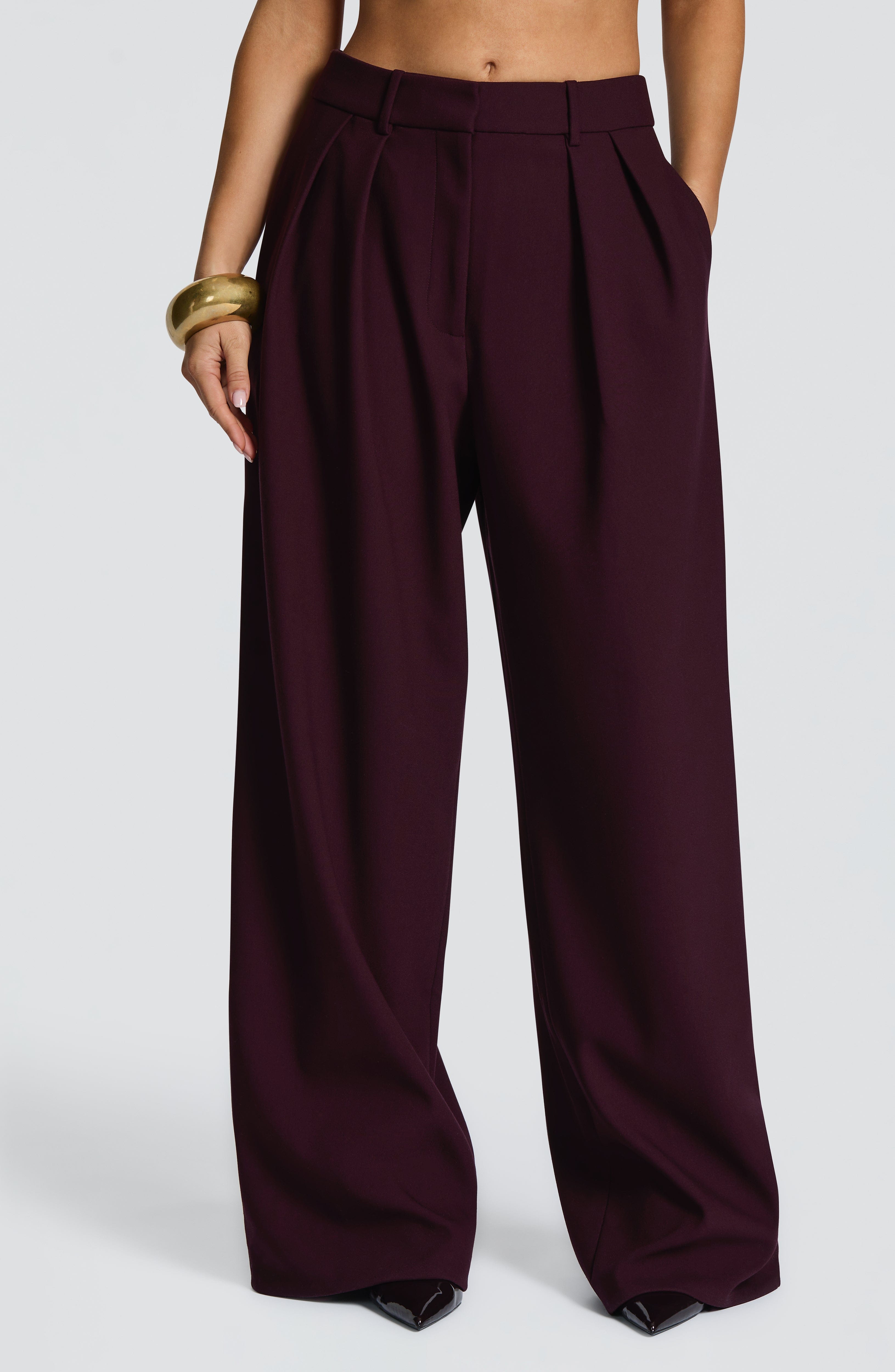 Women's Wide-Leg Tailored Trousers with High Waist and Pleated Front - 2