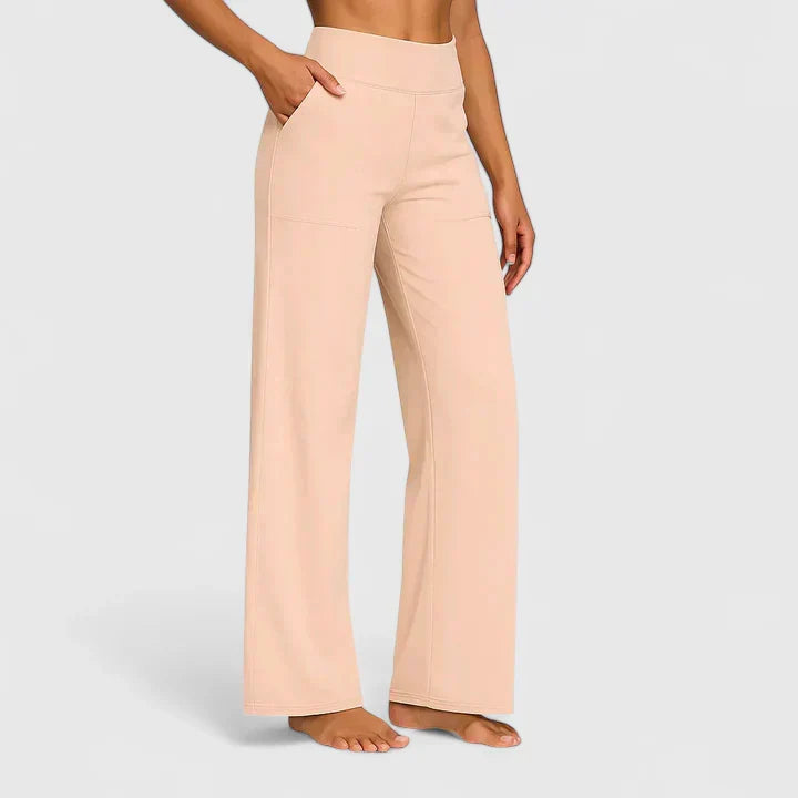 Women's Trousers Straight Leg with Elasticated Waist and Pockets - Apricot