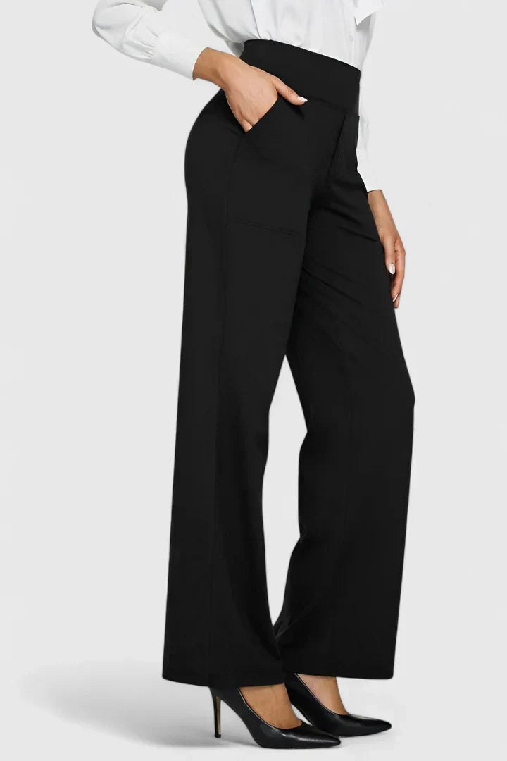 Women's Trousers Straight Leg with Elasticated Waist and Pockets - Black