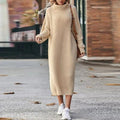 Women's Ribbed Turtleneck Midi Dress with Long Sleeves - Beige