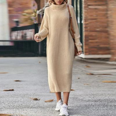 Women's Ribbed Turtleneck Midi Dress with Long Sleeves - Beige