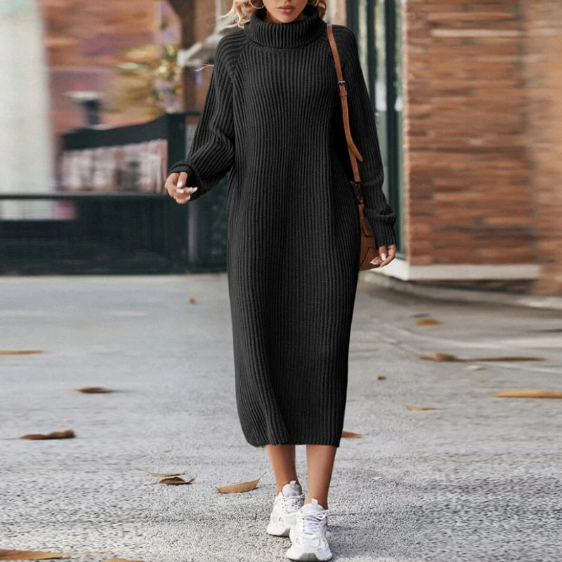 Women's Ribbed Turtleneck Midi Dress with Long Sleeves - Black