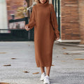 Women's Ribbed Turtleneck Midi Dress with Long Sleeves - Brown