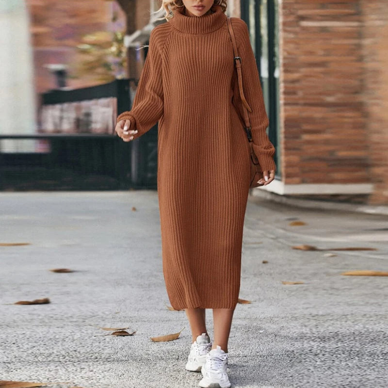Women's Ribbed Turtleneck Midi Dress with Long Sleeves - Brown