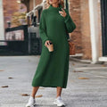 Women's Ribbed Turtleneck Midi Dress with Long Sleeves - Green