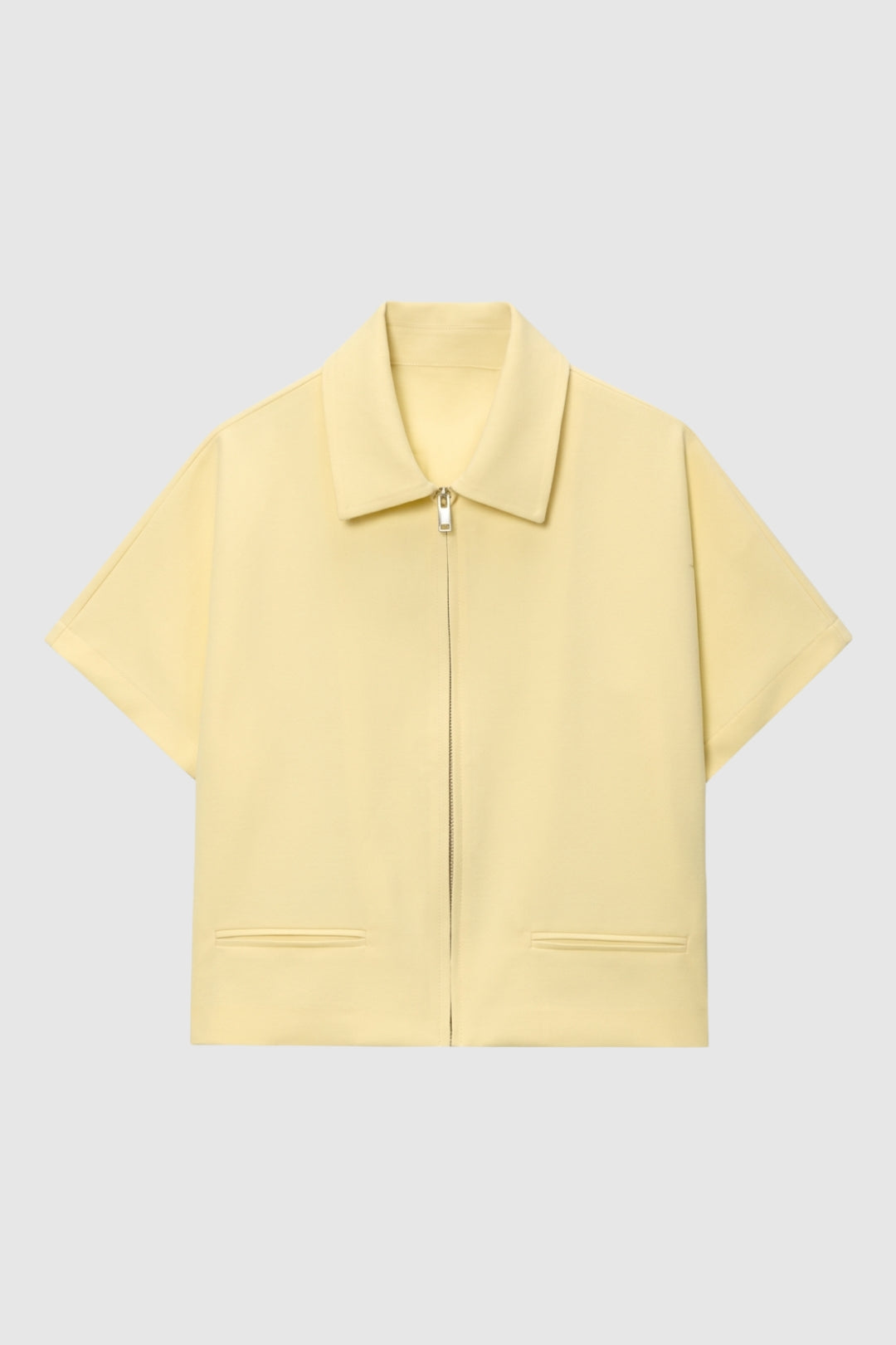 Women's Cropped Jacket with Zip and Lapel Collar - Yellow