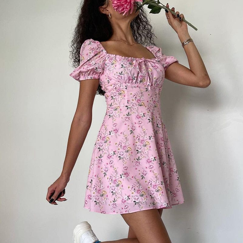 Women's Floral Mini Dress with Puff Sleeves and Sweetheart Neckline - 2