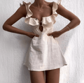 Women's Bohemian Mini Dress with Ruffled Neckline and Cutout Detail - 2