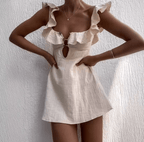 Women's Bohemian Mini Dress with Ruffled Neckline and Cutout Detail - 4