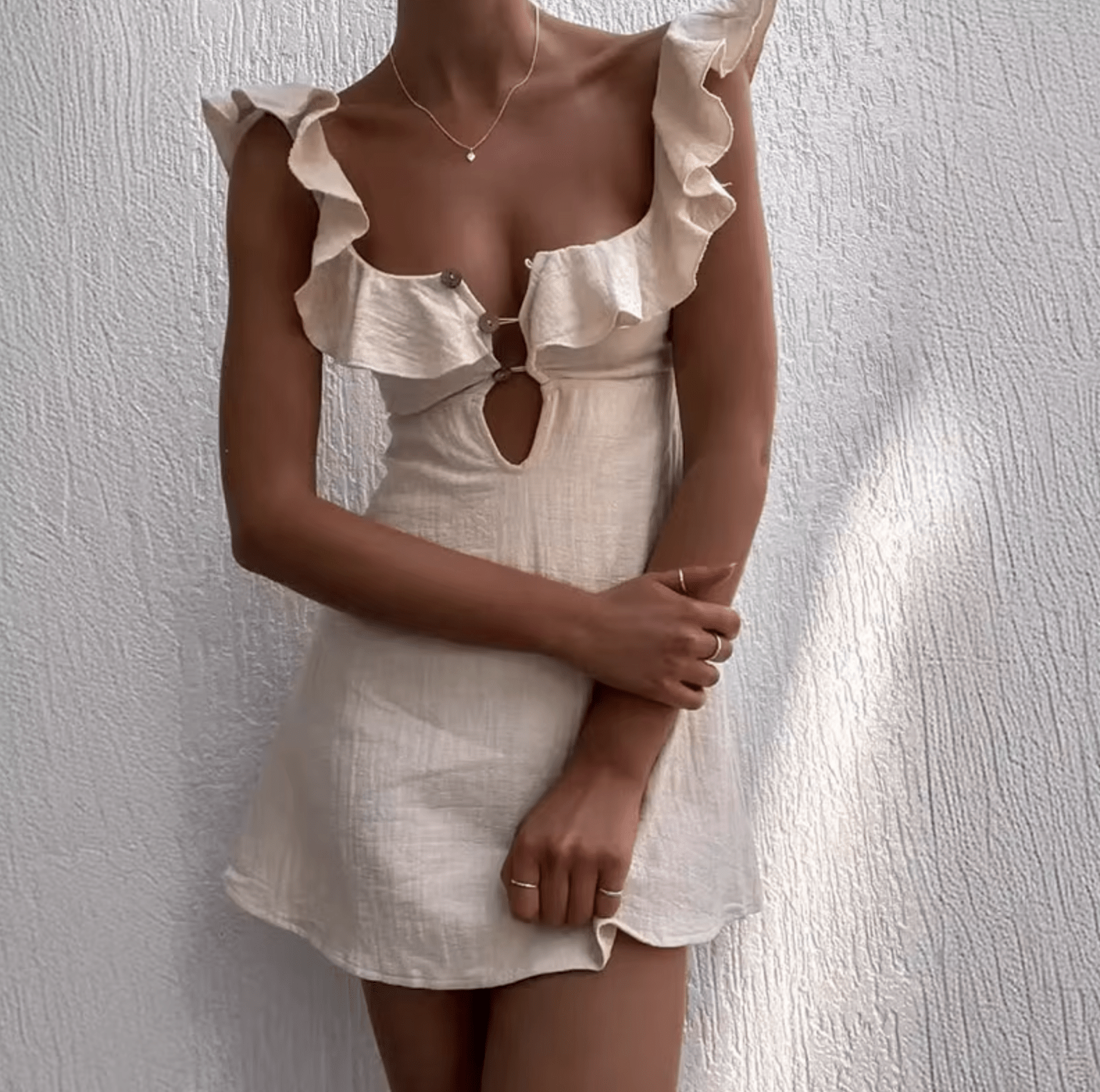 Women's Bohemian Mini Dress with Ruffled Neckline and Cutout Detail - 3