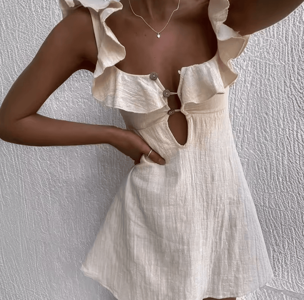 Women's Bohemian Mini Dress with Ruffled Neckline and Cutout Detail - 5