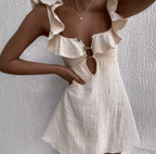 Women's Bohemian Mini Dress with Ruffled Neckline and Cutout Detail - 5