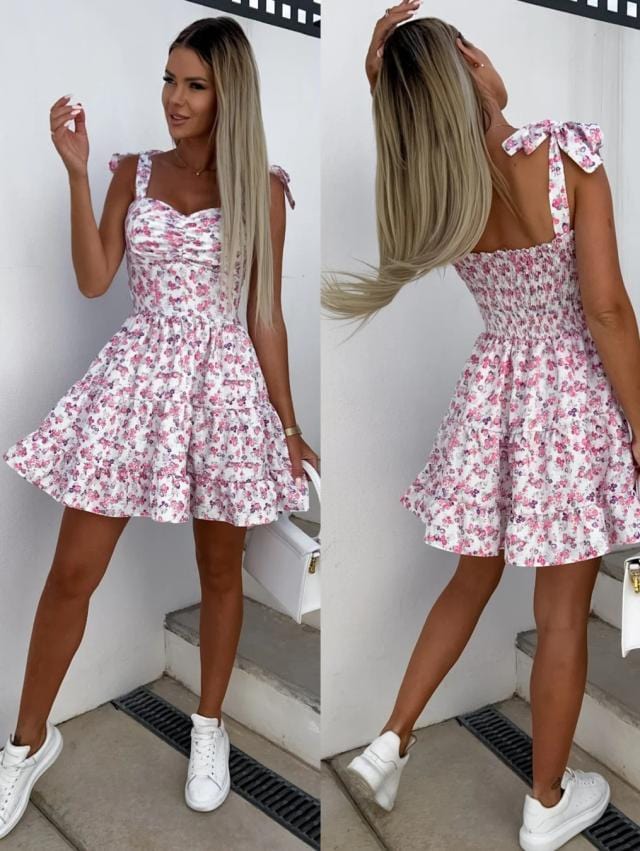 Women's Floral Mini Dress with Tie Straps and Shirred Waist - 2