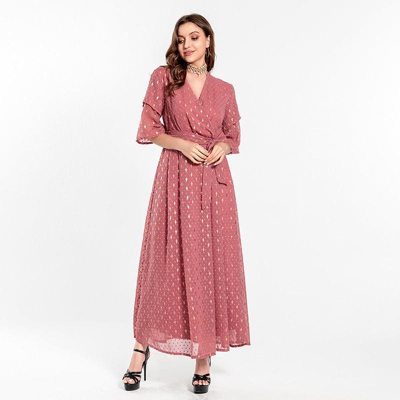 Women's Maxi Dress with Wrap Neckline and Tie Waist - 3
