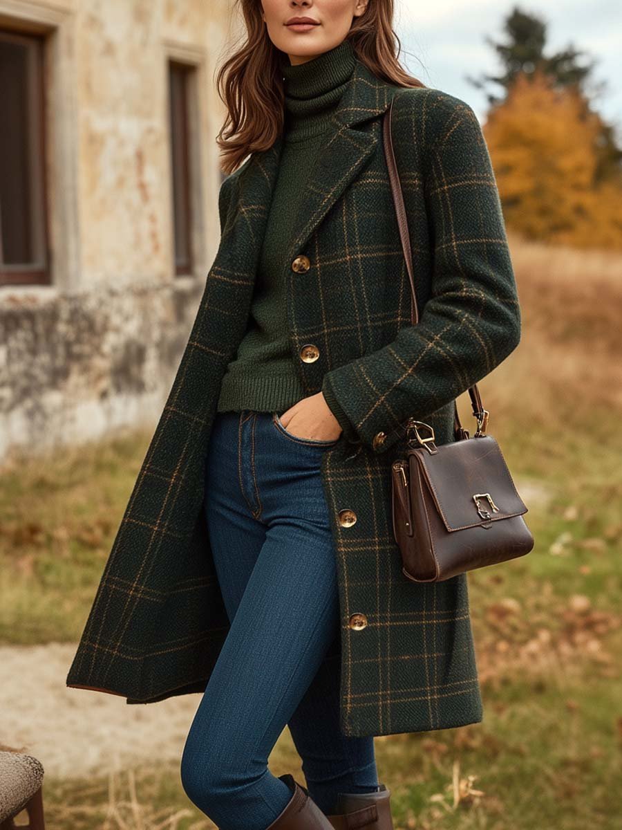 Women's Long Checked Coat Slim Fit with Notched Lapel - Dark Green