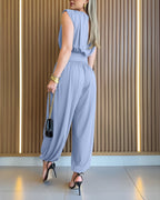 Women's Jumpsuit Sleeveless with Padded Shoulders and Cinched Waist - 15
