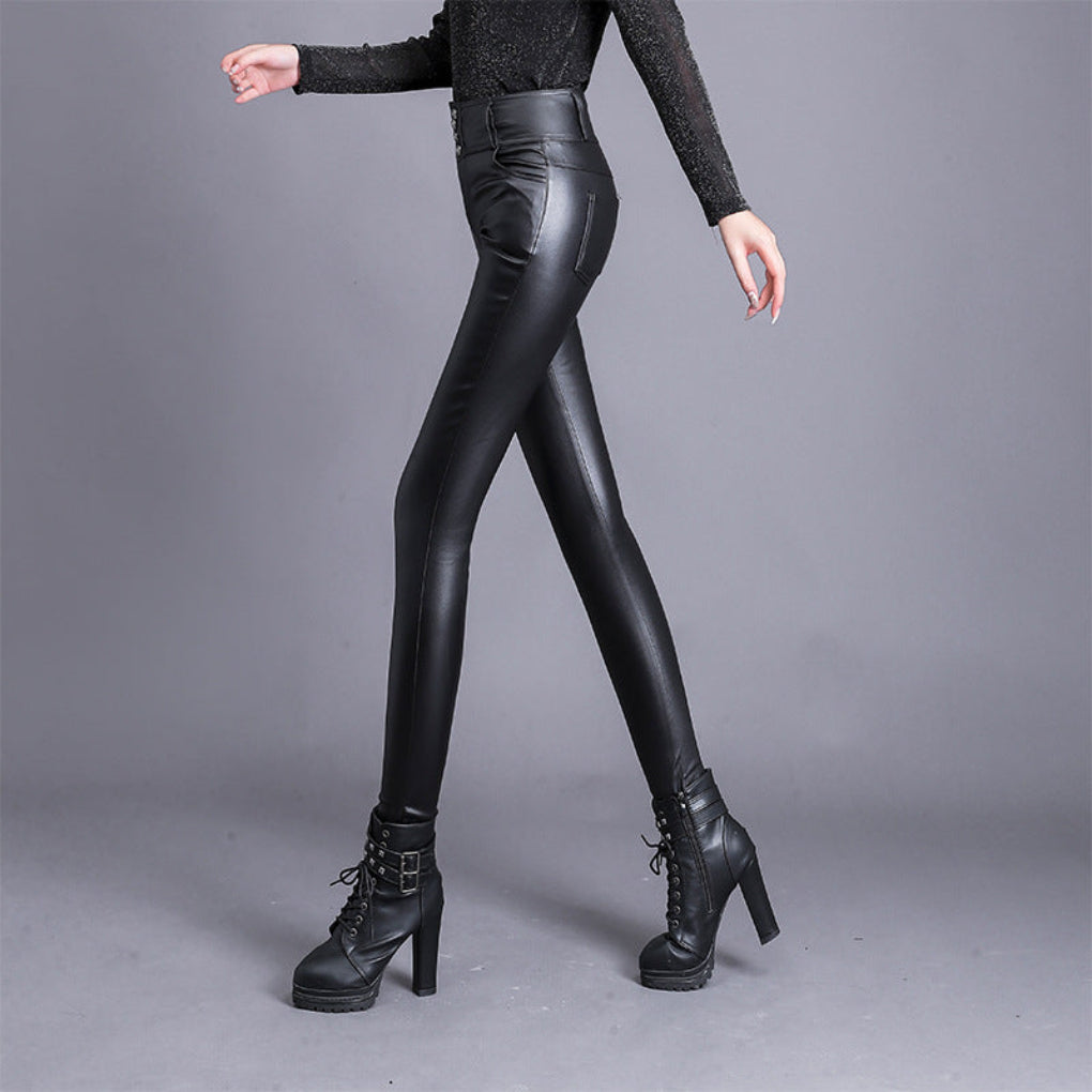 Women's High-Waist Faux Leather Trousers Straight Leg - 3