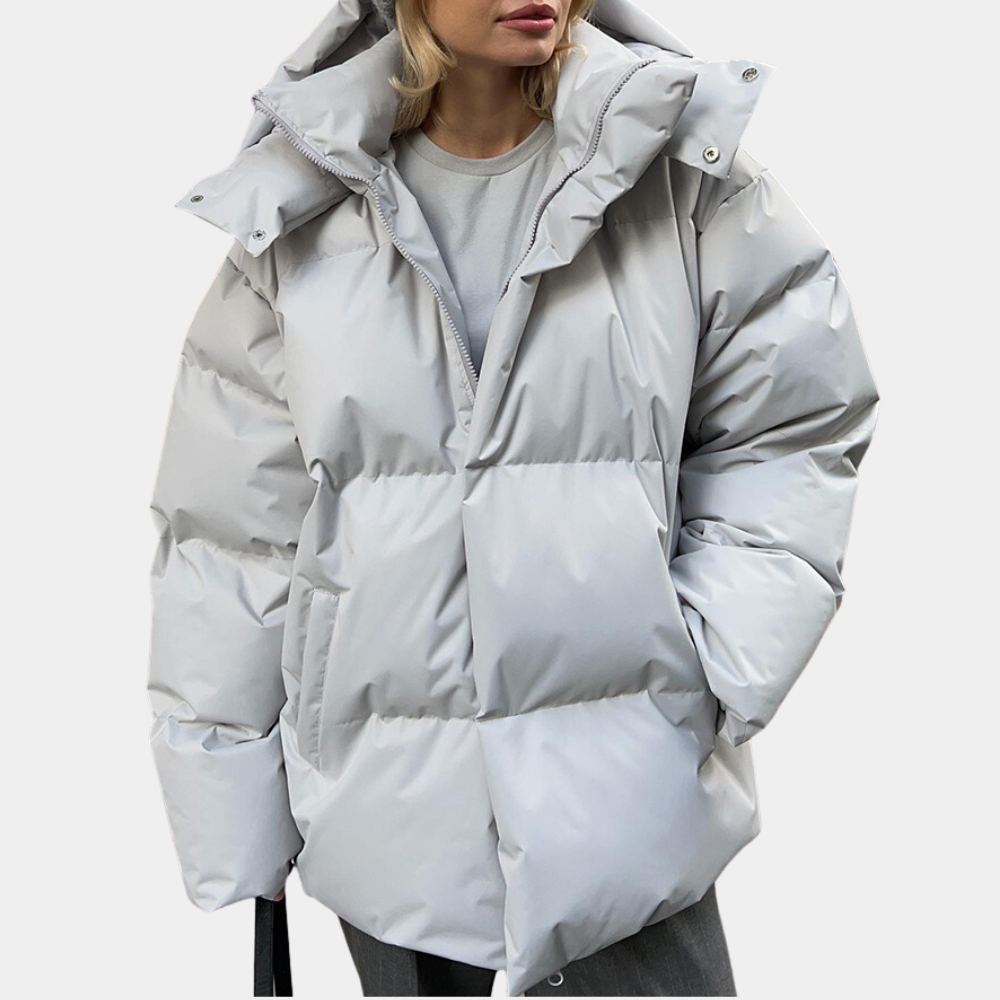Women's Lightweight Quilted Puffer Jacket with Hood - Light Grey