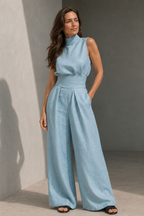 Women's Sleeveless Wide Leg Jumpsuit with High Neck and Wrap Belt - Light Blue