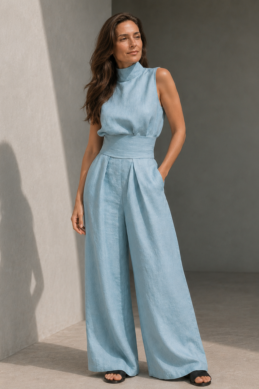 Women's Sleeveless Wide Leg Jumpsuit with High Neck and Wrap Belt - Light Blue