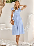 Women's Midi Dress with Flutter Sleeves and V-Neck - 2