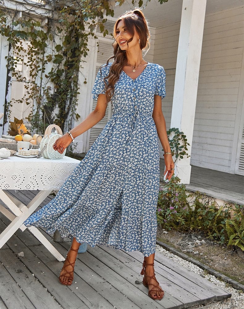 Women's Bohemian Maxi Dress with V-Neck and Front Slit - 3