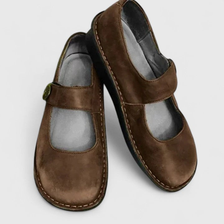 Women's Mary Jane Flats with Adjustable Strap and Round Toe - Brown