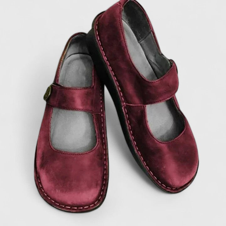 Women's Mary Jane Flats with Adjustable Strap and Round Toe - Red