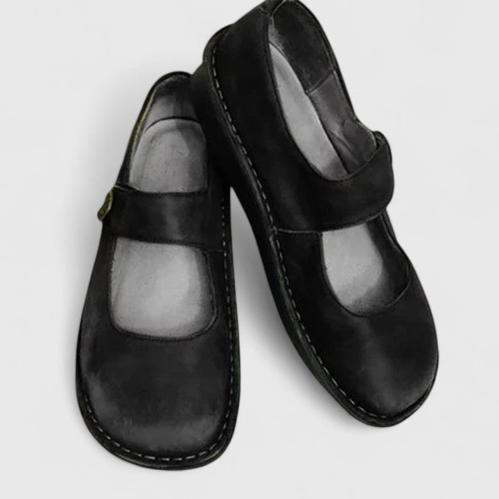 Women's Mary Jane Flats with Adjustable Strap and Round Toe - Black