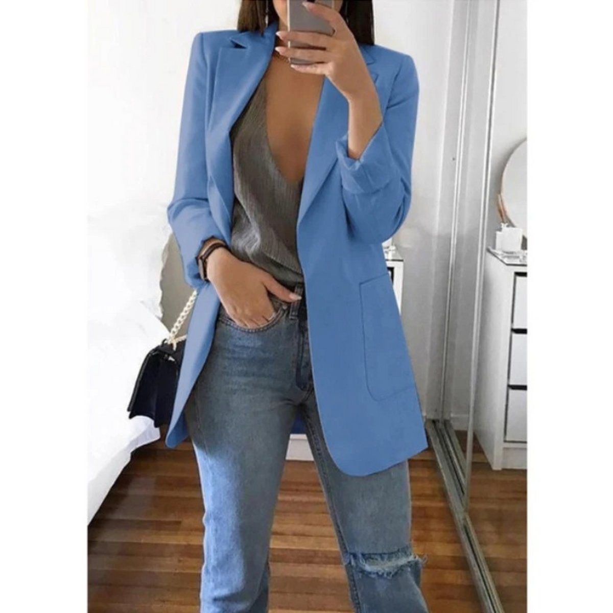 Women's Longline Blazer with Structured Shoulders - Blue