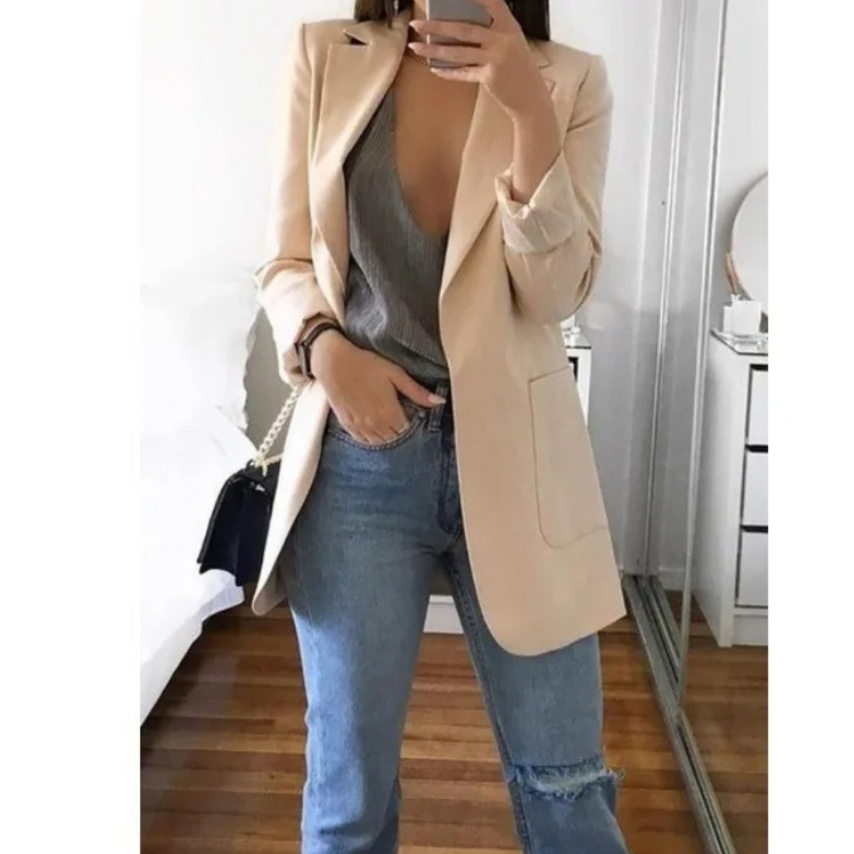Women's Longline Blazer with Structured Shoulders - Brown