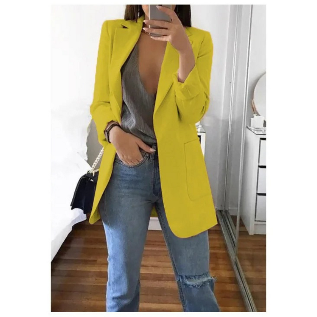 Women's Longline Blazer with Structured Shoulders - Yellow