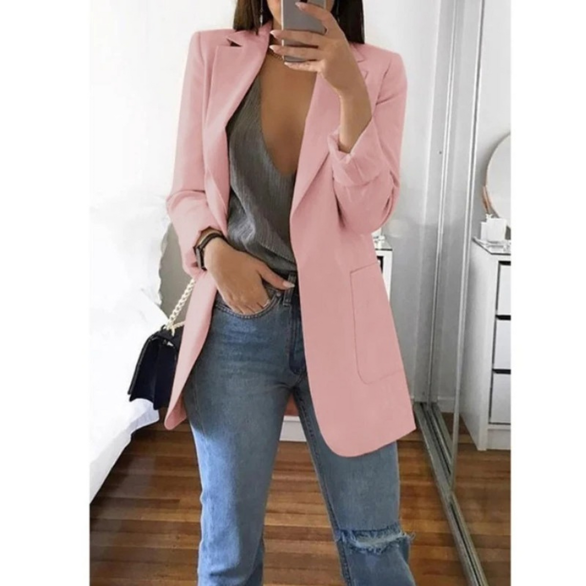 Women's Longline Blazer with Structured Shoulders - Pink