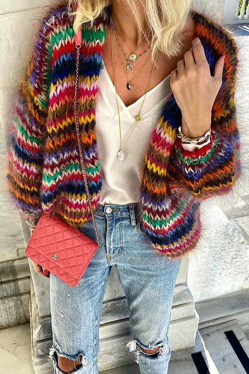 Women's Knitted Cardigan Long Sleeve with Multicolour Stripe Knit
