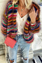 Women's Knitted Cardigan Long Sleeve with Multicolour Stripe Knit
