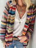 Women's Knitted Cardigan Long Sleeve with Multicolour Stripe Knit - Multicolour
