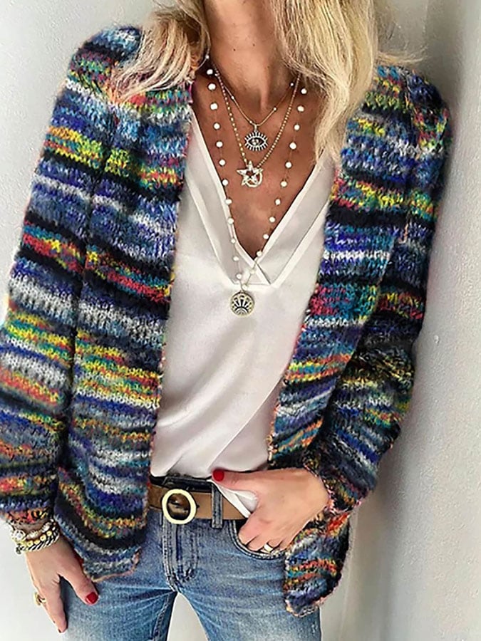 Women's Knitted Cardigan Long Sleeve with Multicolour Stripe Knit - Multicolour 1