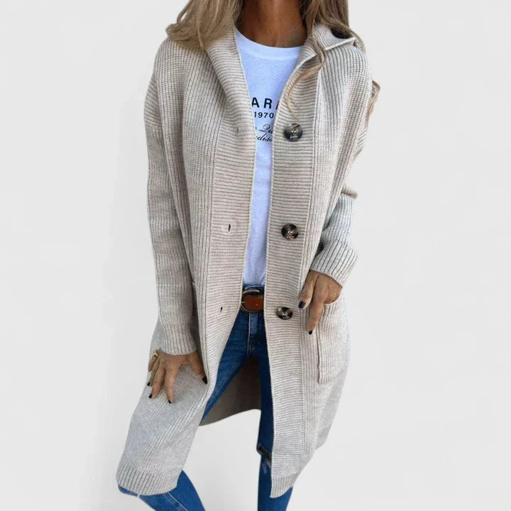 Women's Longline Button-Front Cardigan with Pockets - Beige