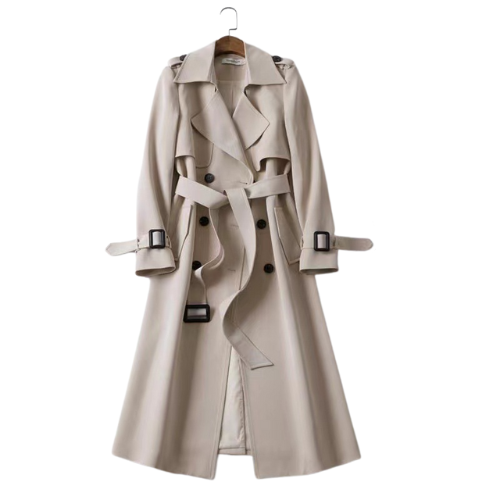 Women's Long Coat Double-Breasted with Belted Waist and Notch Lapel - Beige