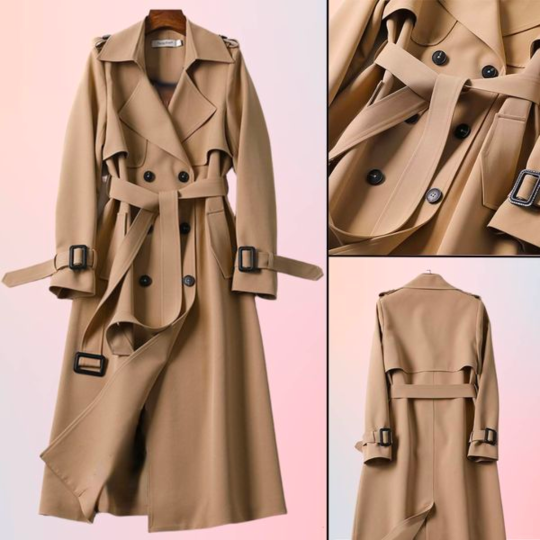 Women's Long Coat Double-Breasted with Belted Waist and Notch Lapel - 8