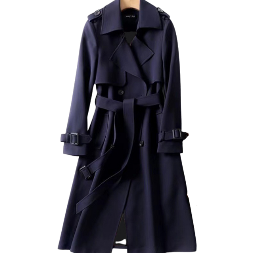 Women's Long Coat Double-Breasted with Belted Waist and Notch Lapel - Dark Blue